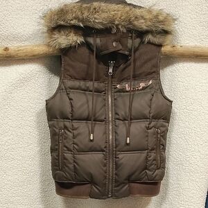 Juicy Couture Chocolate Puffer Vest with Faux Fur Trim